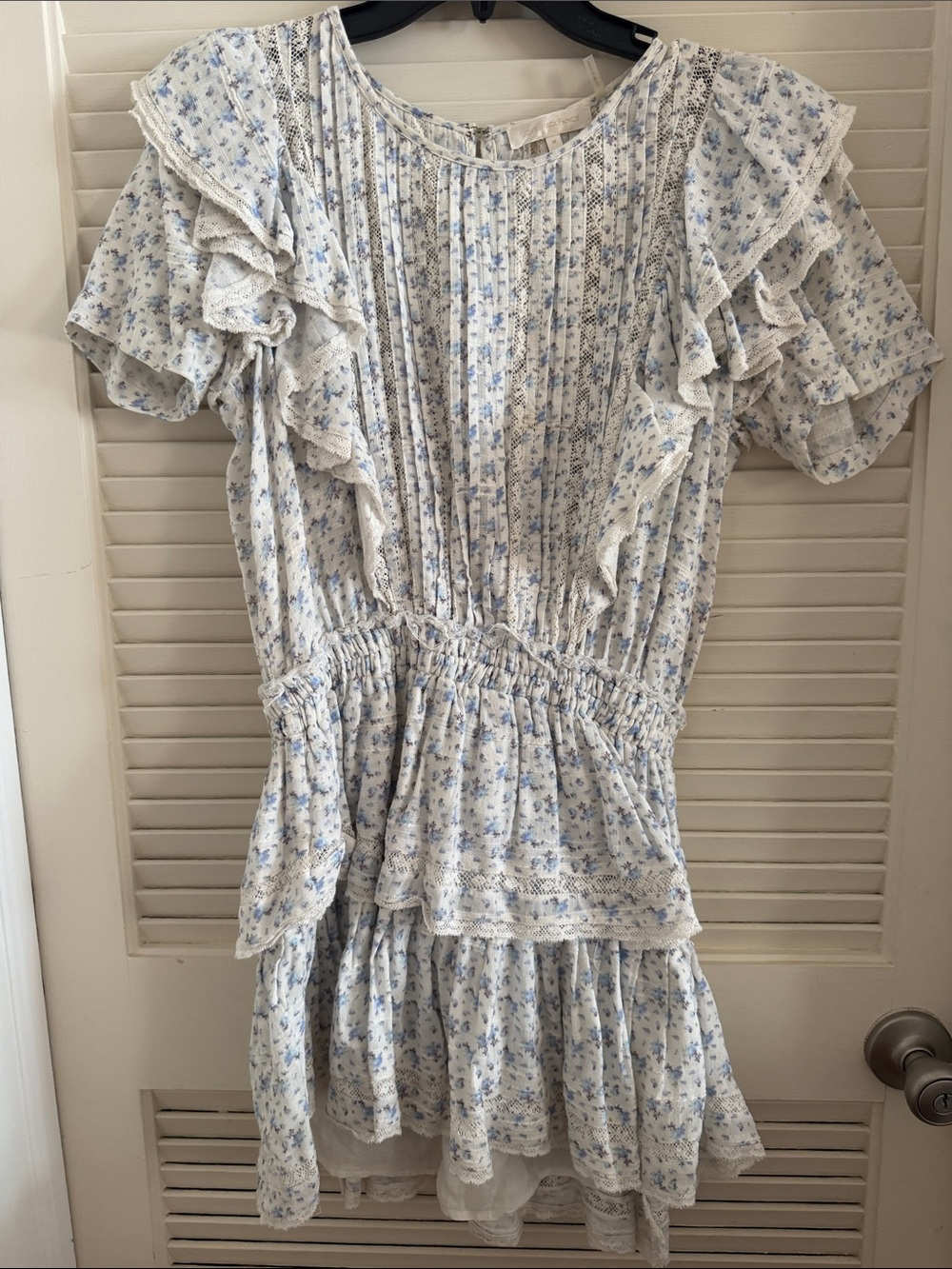 LoveShackFancy White and Light Blue Floral Ruffle Dress